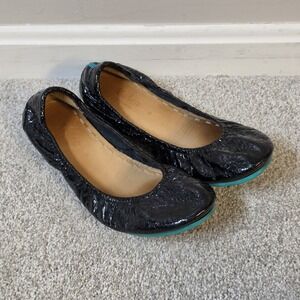 TIEKS Black Marble Crinkle Patent Leather Ballet Shoes Teal Soles Sz 9